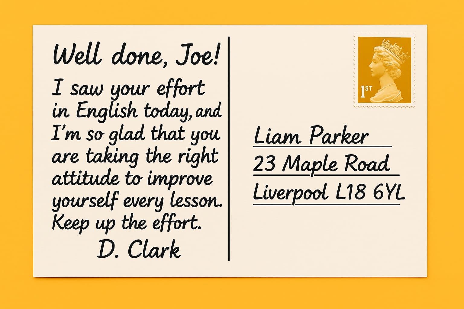 Back of a praise postcard with handwritten message of encouragement and address fields