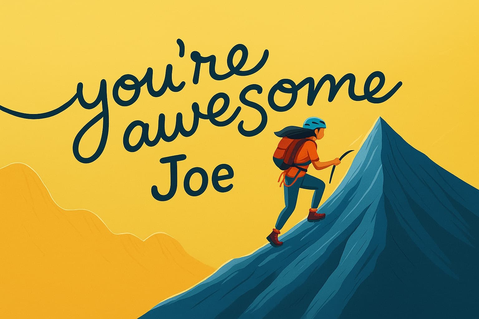 Praisely postcard example with 'you're awesome' text and mountain climber illustration